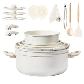22-Piece Non-Stick Cookware Set, 6 Pots & 3 Lids, Removable Handles, Oven & Dishwasher Safe, Includes 28cm Soup Pot, Cream White Aluminum