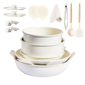 17-Piece Cookware Set, 5 Pots And 2 Lids, Removable Handles, Non-Stick Aluminum Pots And Pans, Microwave & Oven Safe, Dishwasher Safe, Cream White
