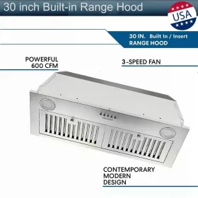 30 Inch Insert Range Hood 600 CFM;  Built-in Stainless Steel Range Hoods With Right Button Controls And Back LED Lights; Kitchen Hood For Over St (Option: Sliver)