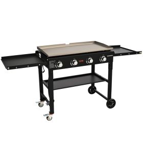Commercial Griddle On Cart, 36' Heavy Duty Manual Flat Top Griddle, Outdoor Cooking Station With Side Shelves, Steel Natural Gas Griddle, 4-Burne (Option: Food Service)